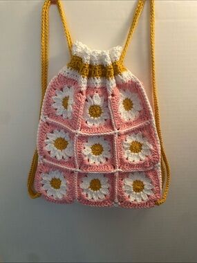 Handmade Crochet Pink Daisy Granny Square Drawstring Backpack